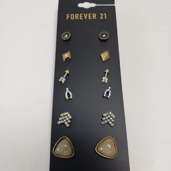 2/$30 Forever 21 Set of 6 Design Gold-tone Crystal Stud Earrings, Women Jewelry - Picture 1 of 8